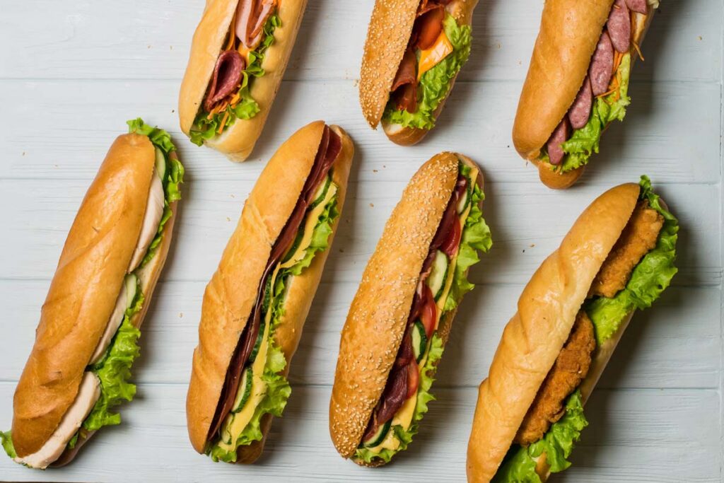 Various sandwiches on a table, representing recalled sandwiches.