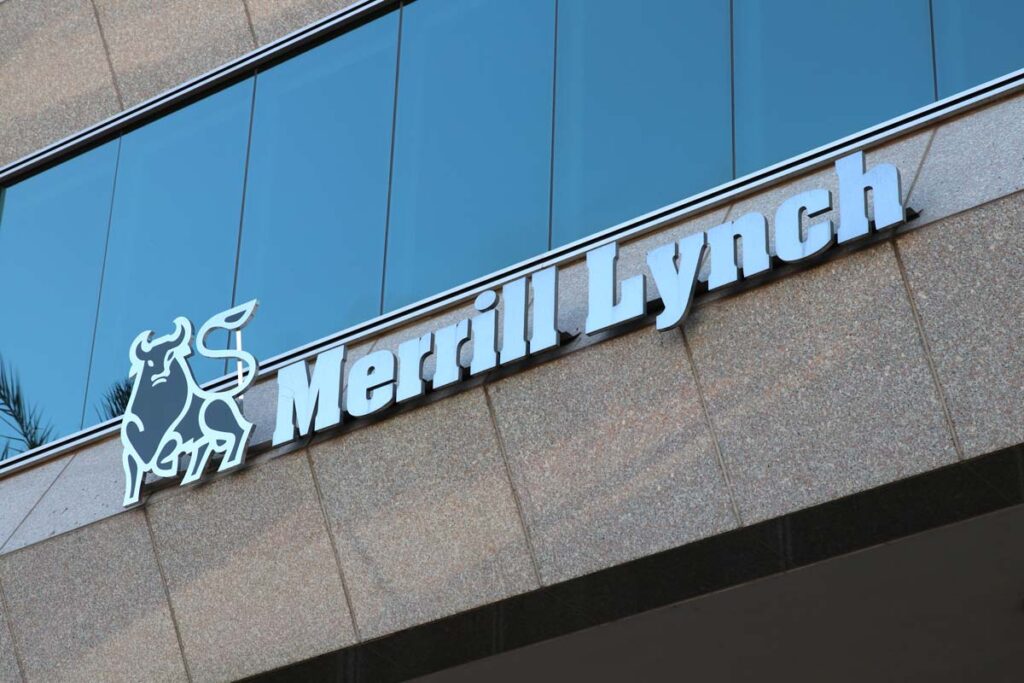 Close up of Merrill Lynch signgage, reprewsenting the Merrill Lynch settlement.
