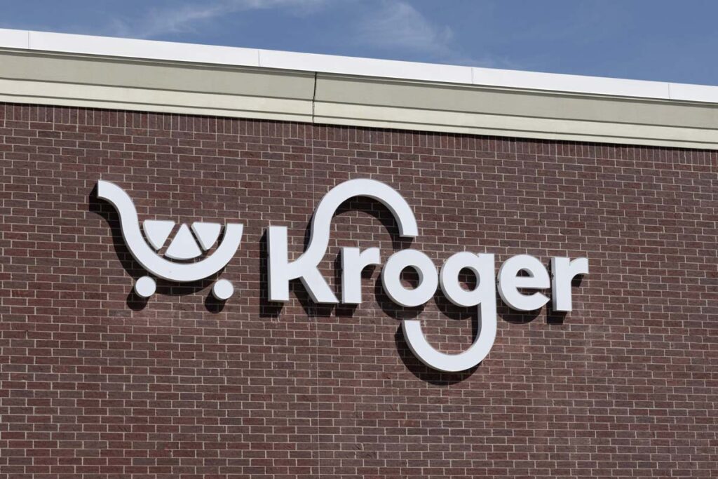 Close up of Kroger storefront signage, representing the Kroger lawsuit.