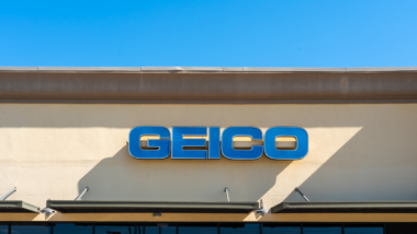 Close up of the GEICO sign on the building at one of its branches in Texas.