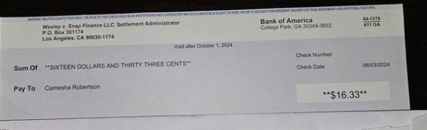 SnapFinanceTCPA2nddistributionFB6-7-24 checks in the mail