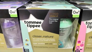 Close up of Tommee Tippee baby bottle products on a supermarket shelf, representing the Tommee Tippee class action.