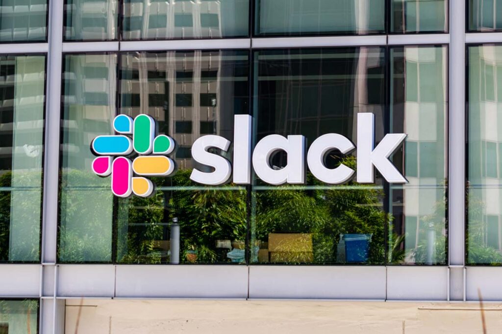 Slack signage at its headquarters in CA, representing the Disney Slack message data breach.