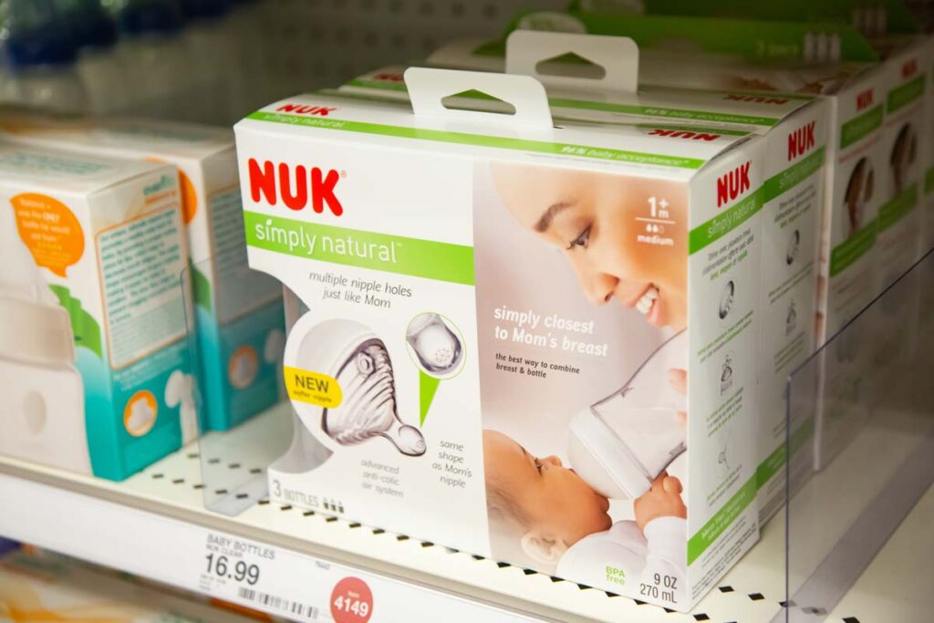 Nuk baby bottles for sale on display, representing Nuk baby bottle class action lawsuit.