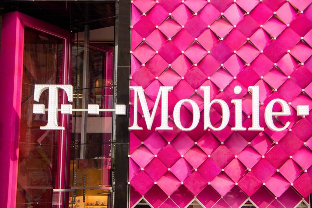 Signs on the T-Mobile store front representing the T-Mobile class action lawsuit.
