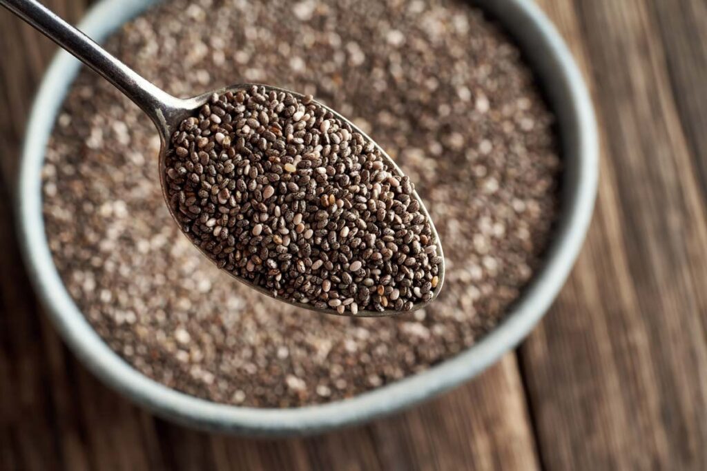 Close up of chia seeds in a spoon, representing Great Value chia seed recall.