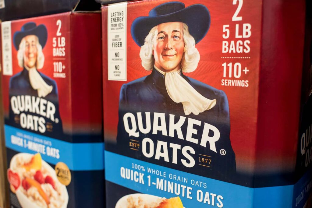 Quaker Oats products on a supermarket shelf, representing Quaker salmonella recall.