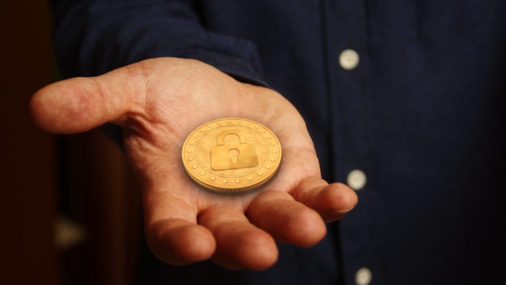 Cryptocurrency coin with a lock image on it