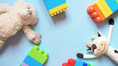 Various toys against a blue backdrop, representing children's recalls and class actions.