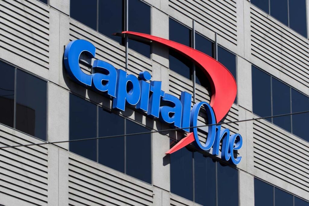 Close up of Capital One signage on the side of a building, representing the Capital One class action.