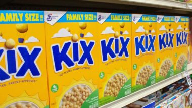 Kix cereal boxes on a supermarket shelf, representing Kix cereal settlement.