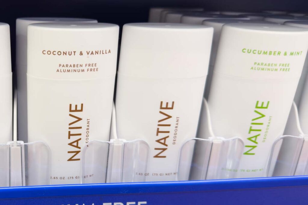 Close-up of Native deodorant products on a supermarket shelf, illustrating the class action against Native deodorant.
