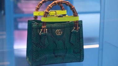 A Gucci handbag made of Python skin in a display case, representing the Gucci class action.