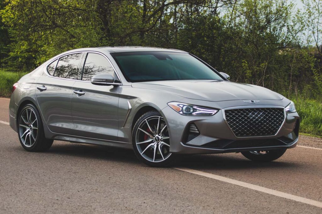 A gray Genesis G70 in a roadway, representing the Hyundai recall.