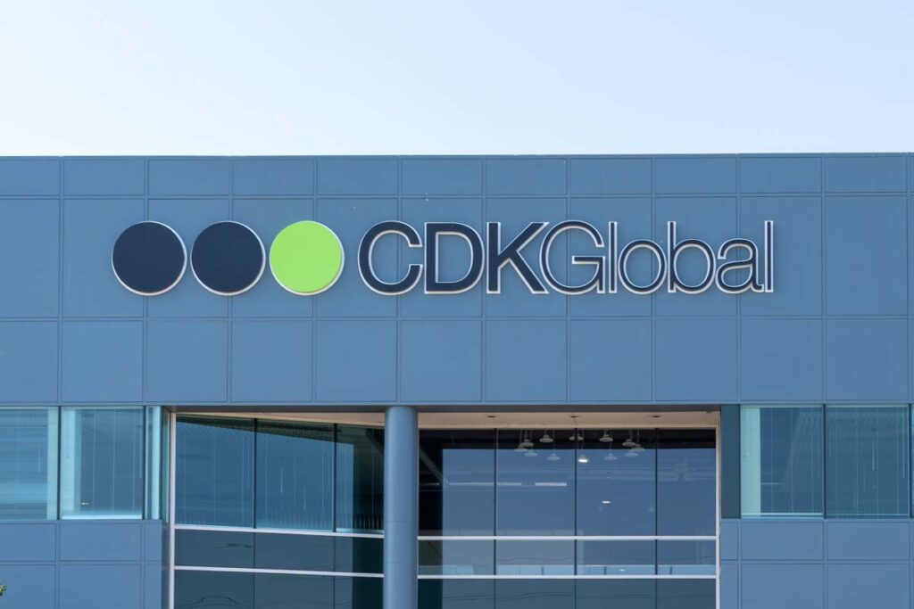 Close up of CDKGlobal signage on its headquarters building in Silicon Valley, representing the CDK data breach.