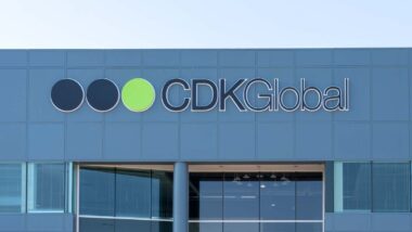 Close up of CDKGlobal signage on its headquarters building in Silicon Valley, representing the CDK data breach.