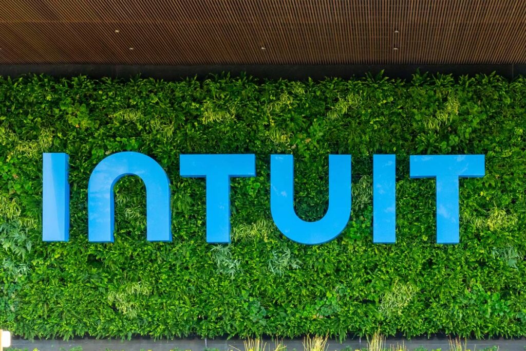 Close-up of Intuit signage at its headquarters in Mountain View, California, depicting the Intuit class action lawsuit.