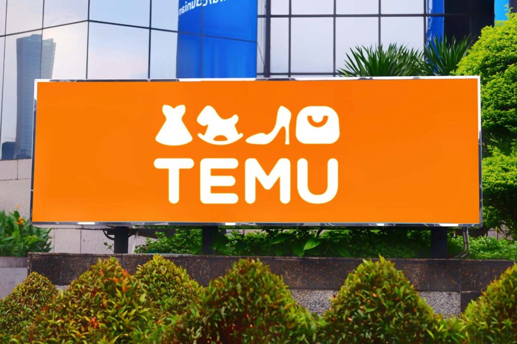 Close-up of Temu signage depicting the Temu text spam class action lawsuit.