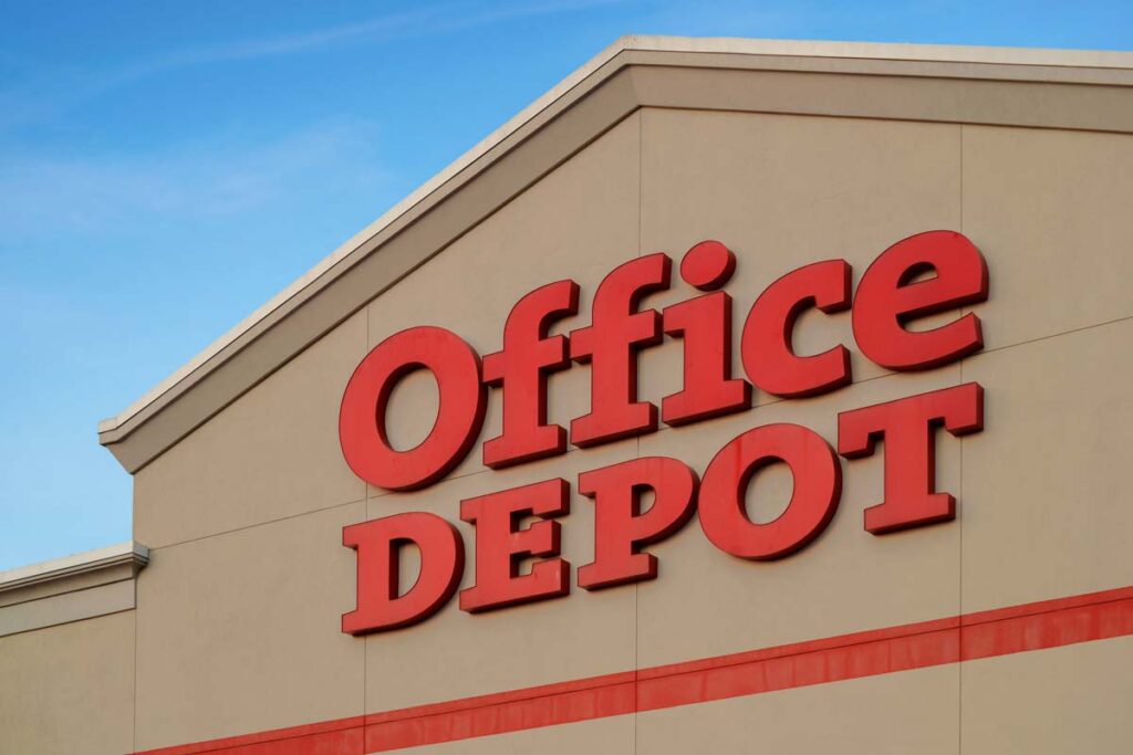 Close up of Office Depot storefront signage, representing the Office Depot class action.