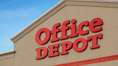 Close up of Office Depot storefront signage, representing the Office Depot class action.