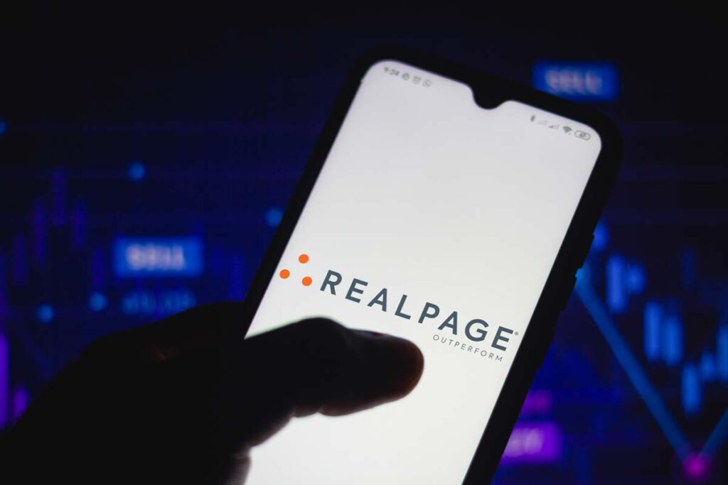 RealPage logo displayed on a smartphone screen, representing the RealPage lawsuit.