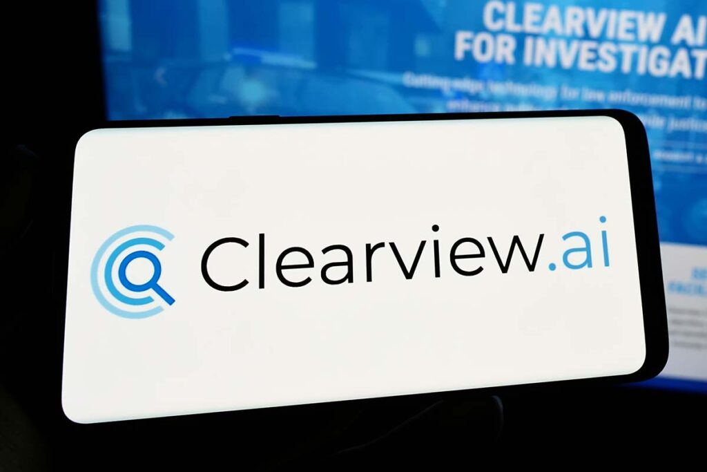 Clearview.ai logo displayed on a smartphone, representing the Clearview AI settlement.