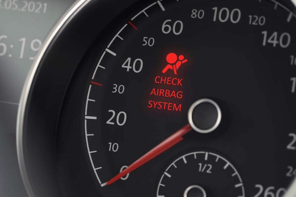 Airbag warning symbol displayed on a car dash, representing the Ford and Mazda airbags warning.