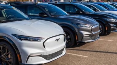 A line of Ford Mustang Mach-Es for sale at a dealership, representing the Ford recall.