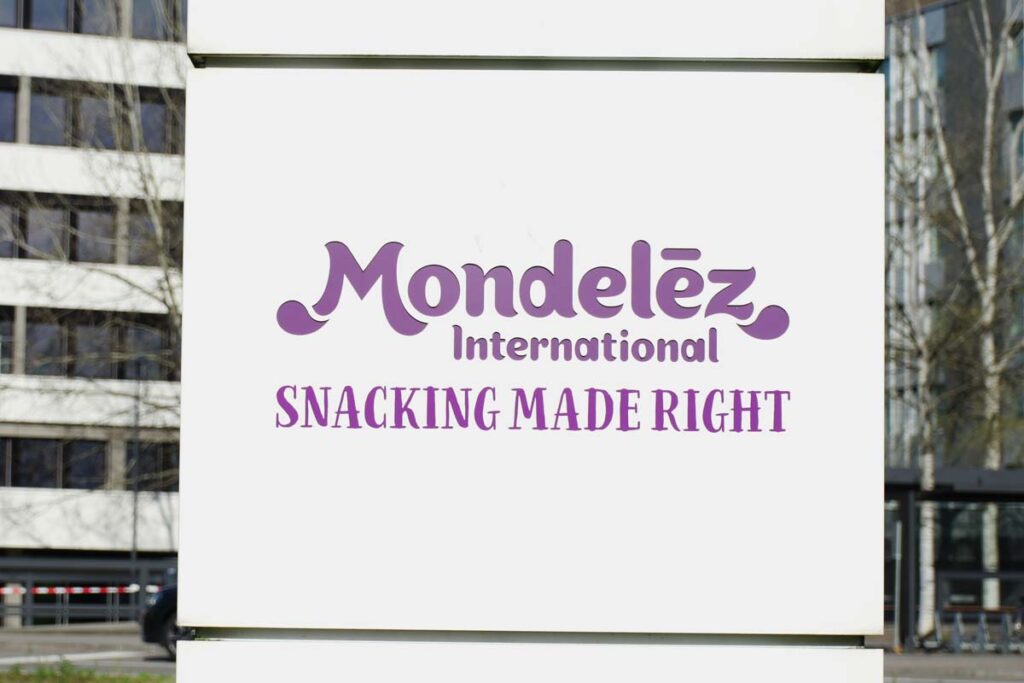 Close up of Mondelez signage, representing the Mondelez class action.