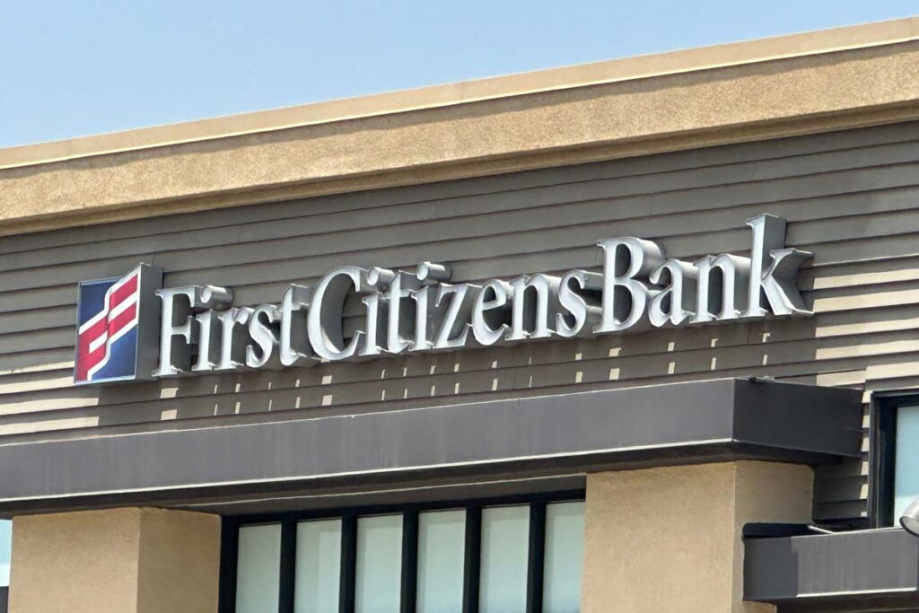 Close up of First Citizens Bank signage, representing the First Citizens NSF fees.