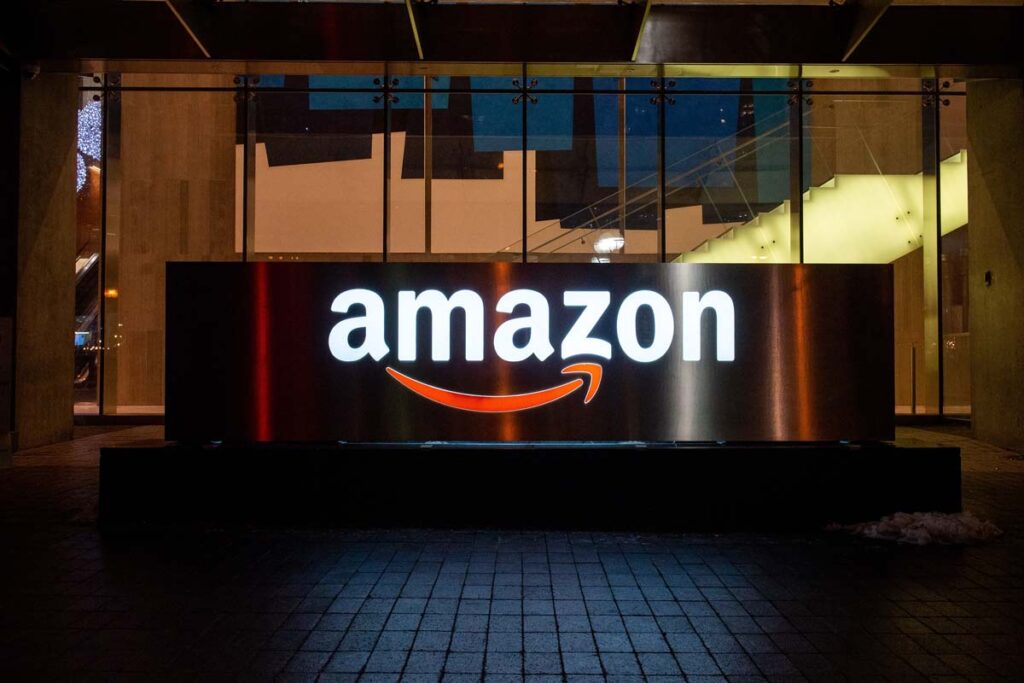 Amazon signage at night, representing the Amazon defective products ruling.