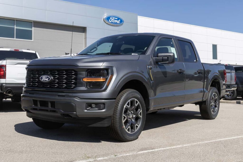 A 2024 Ford F-150 4X4 Supercrew with a EcoBoost engine on display, representing the Ford class action.