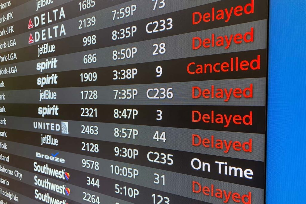 Close up of canceled and delayed flights on a flight board in an airport, representing the CrowdStrike class action.