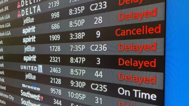 Close up of canceled and delayed flights on a flight board in an airport, representing the CrowdStrike class action.