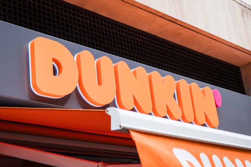 Close up of Dunkin signage, representing the Dunkin' lawsuit.