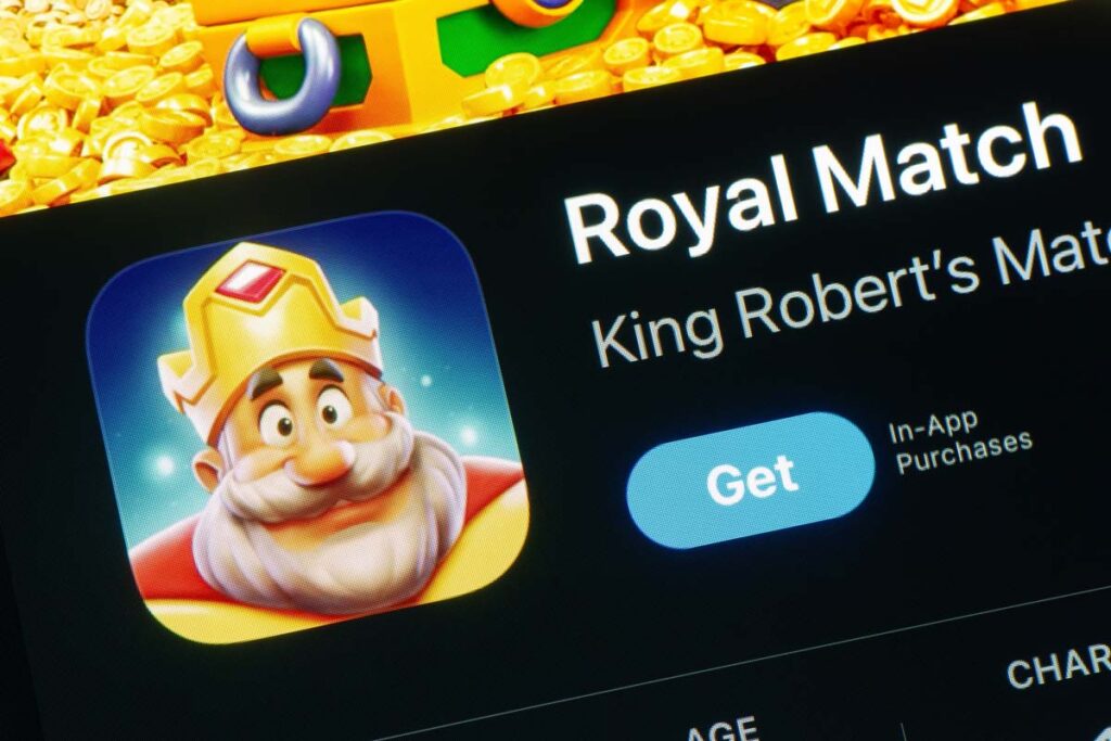 Close up of Royal Match app download page displayed on a smartphone screen, representing the Royal Match class action.