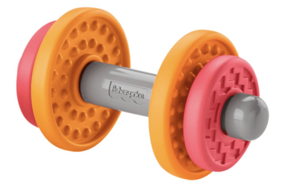 Product photo of recalled toy dumbbell representing the Fisher-Price recall