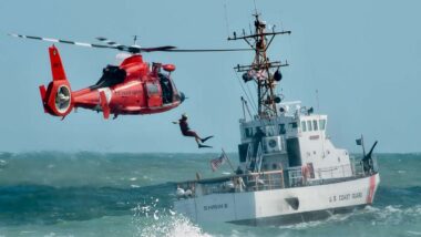 A coast guard ship and helicopter, representing the Coast Guard sexual assault allegations.