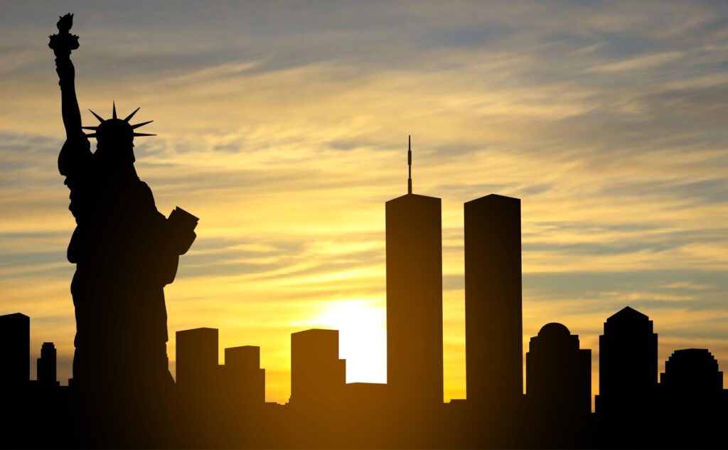 Statue of Liberty and World Trade Centers representing the 9/11 ruling.