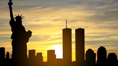 Statue of Liberty and World Trade Centers representing the 9/11 ruling.