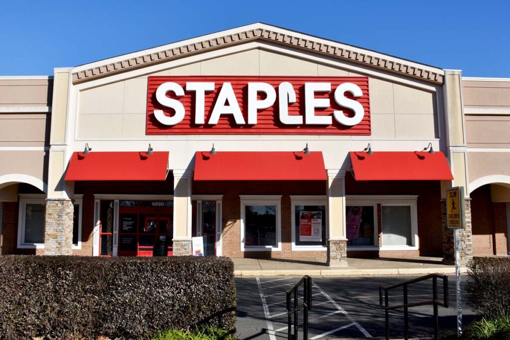 Exterior of a Staples location, representing the Staples class action.