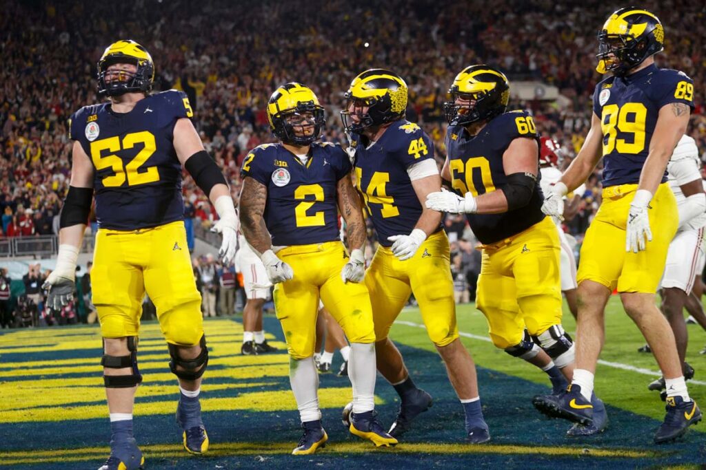 A group of football players on a field, representing the NCAA class action.