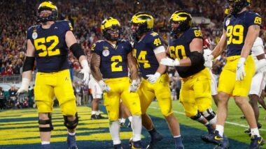 A group of football players on a field, representing the NCAA class action.