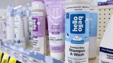 A view of several bottles of Hello Bello baby body care products, on display at a local retail store.