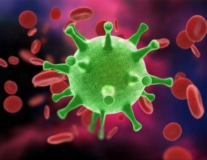 Illustration of green coronavirus among red blood cells