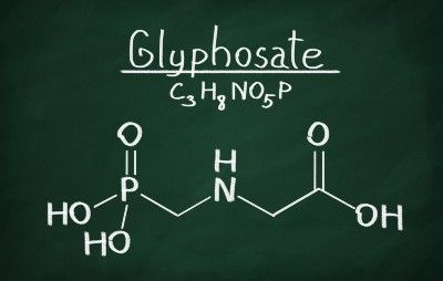 Glyphosate structural model, white text on green background