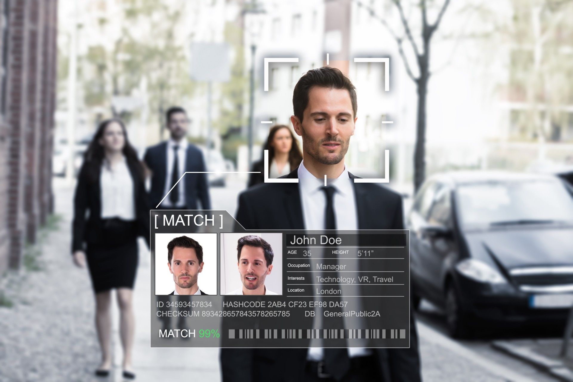 Graphic of facial recognition software identifying a man walking down the street