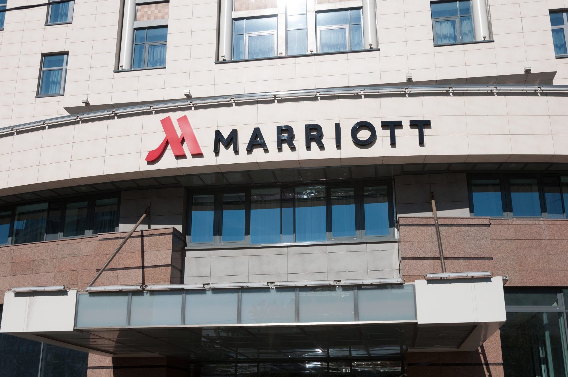 Marriott sign on the front of a hotel - Marriott data breach