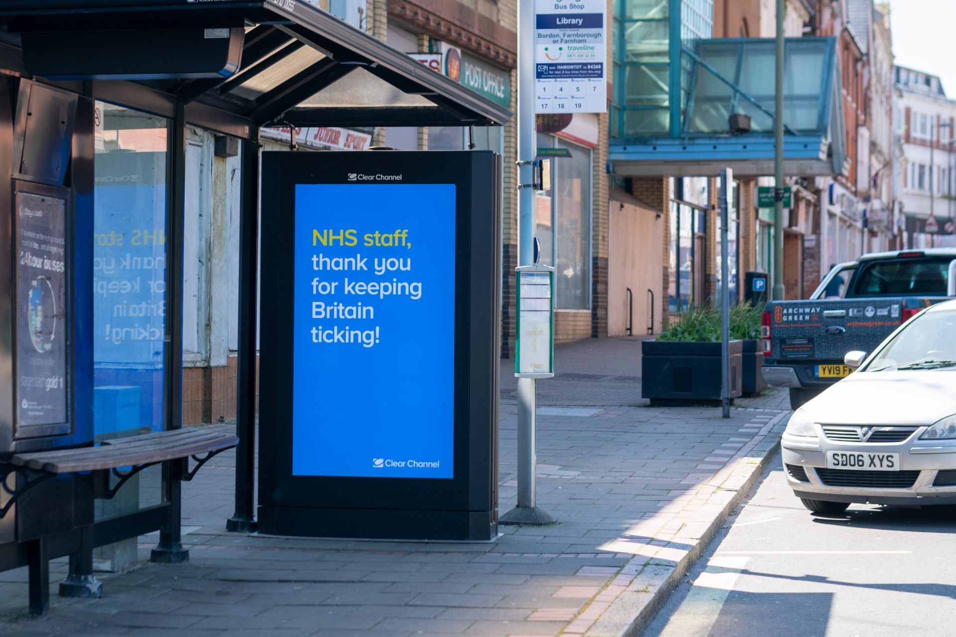 A sign on a bus stop in the UK is a thank-you message to NHS workers