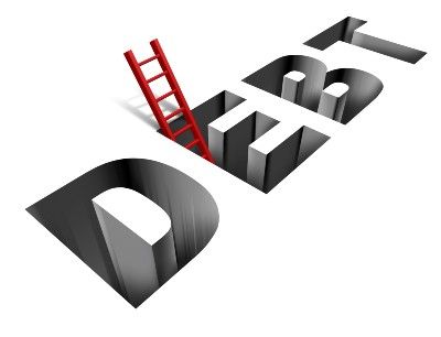 Graphic of a hole in shape of the word "debt" with a ladder to climb out - payment holidays
